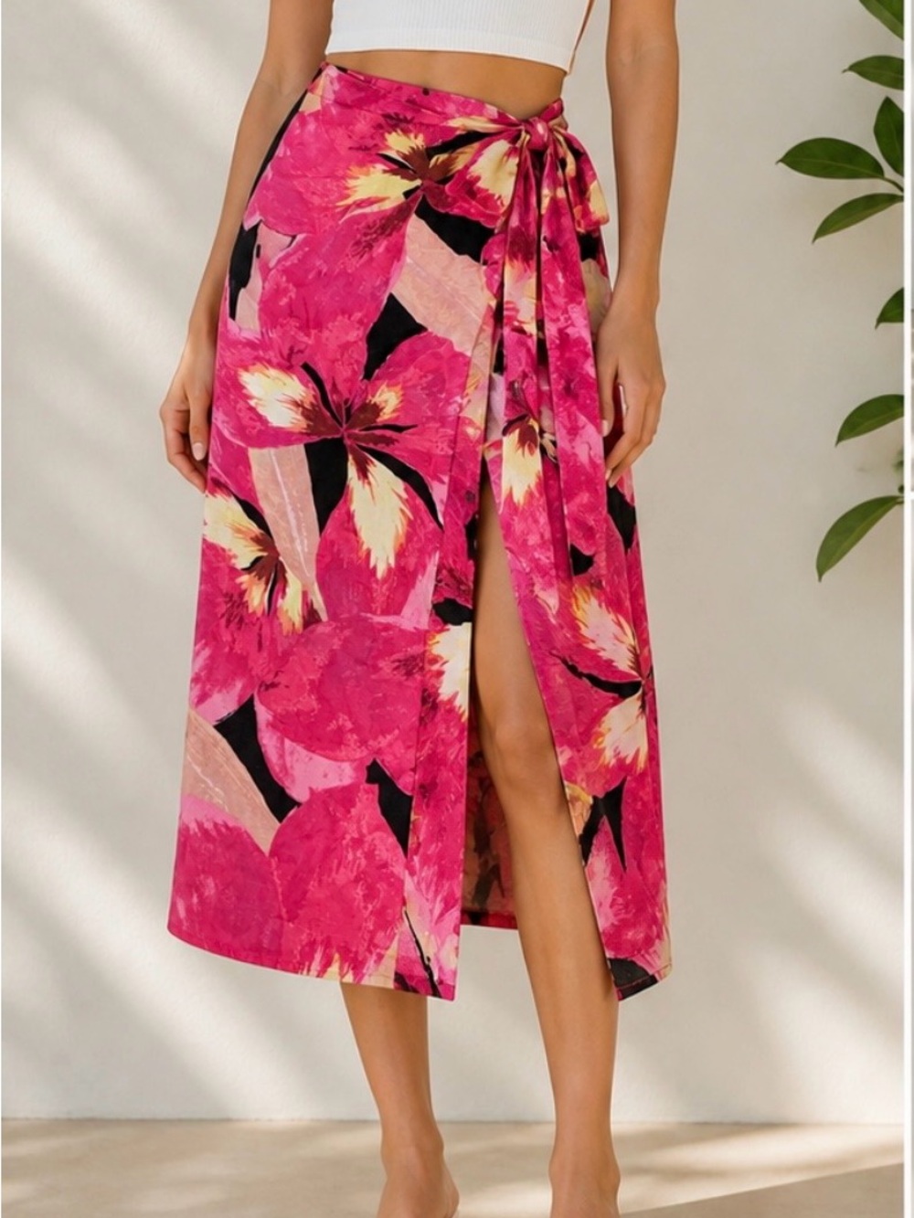 H&M Pink Floral Wrap Midi Skirt